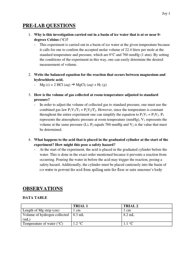 Molar Volumes Of Hydrogen Gas Lab Gases Mole Unit