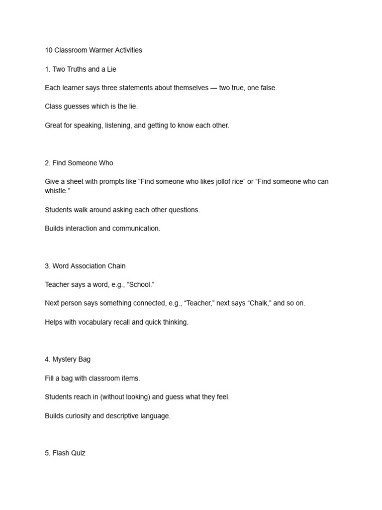 Engaging Classroom Warmer Activities | PDF