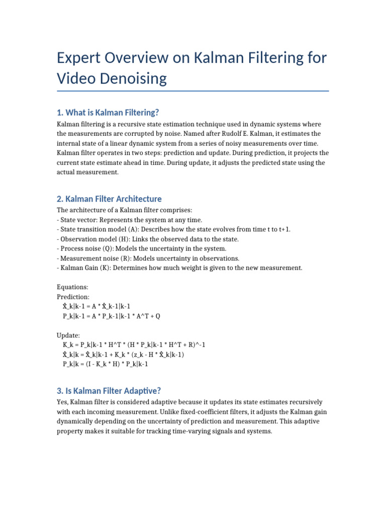 Kalman Filtering for Video Denoising | PDF | Kalman Filter | Computer ...