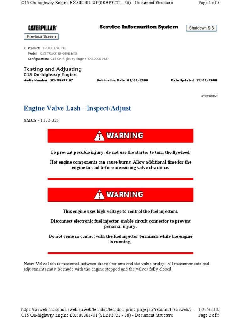 Cat C 15 Valve Lash Procedure PDF Machines Engines