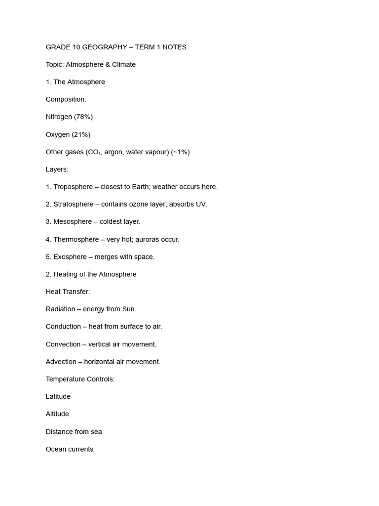 Grade 10 Geography Term 1: Atmosphere | PDF
