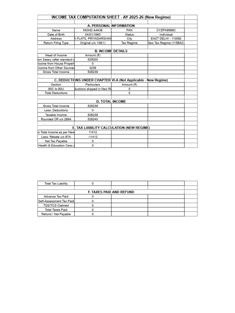 ITR Computation AAKIB New Regime | PDF