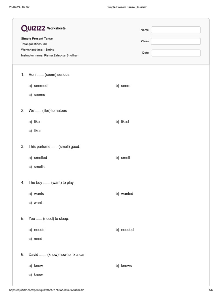 Simple Present Tense Quizizz Worksheet | PDF | Chess Openings | Chess