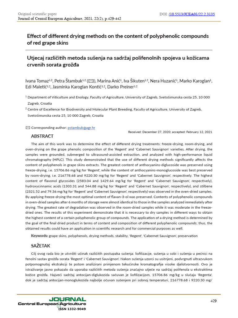 Drying Methods Impact on Grape Polyphenols | PDF | Phenolic Content In ...