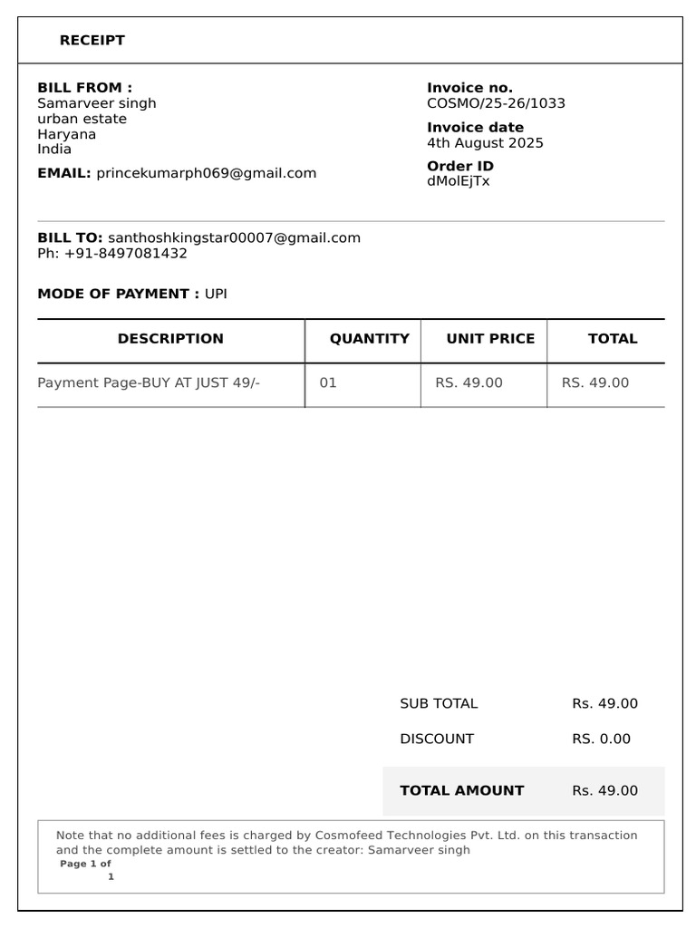 Invoice Receipt for Payment of Rs. 49 | PDF