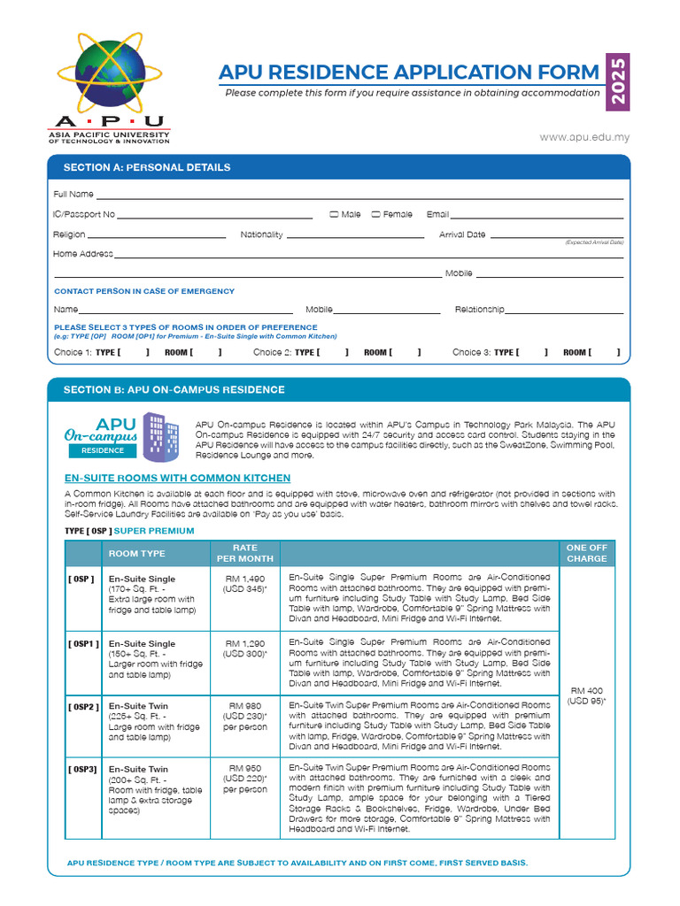 APU On-Campus Residence Application | PDF | Bathroom | Kitchen