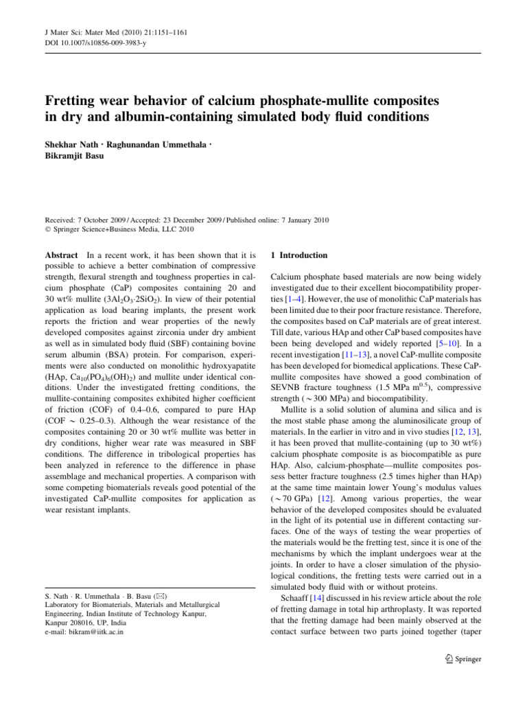 Fretting Wear of CaP-Mullite Composites | PDF | Wear | Sintering