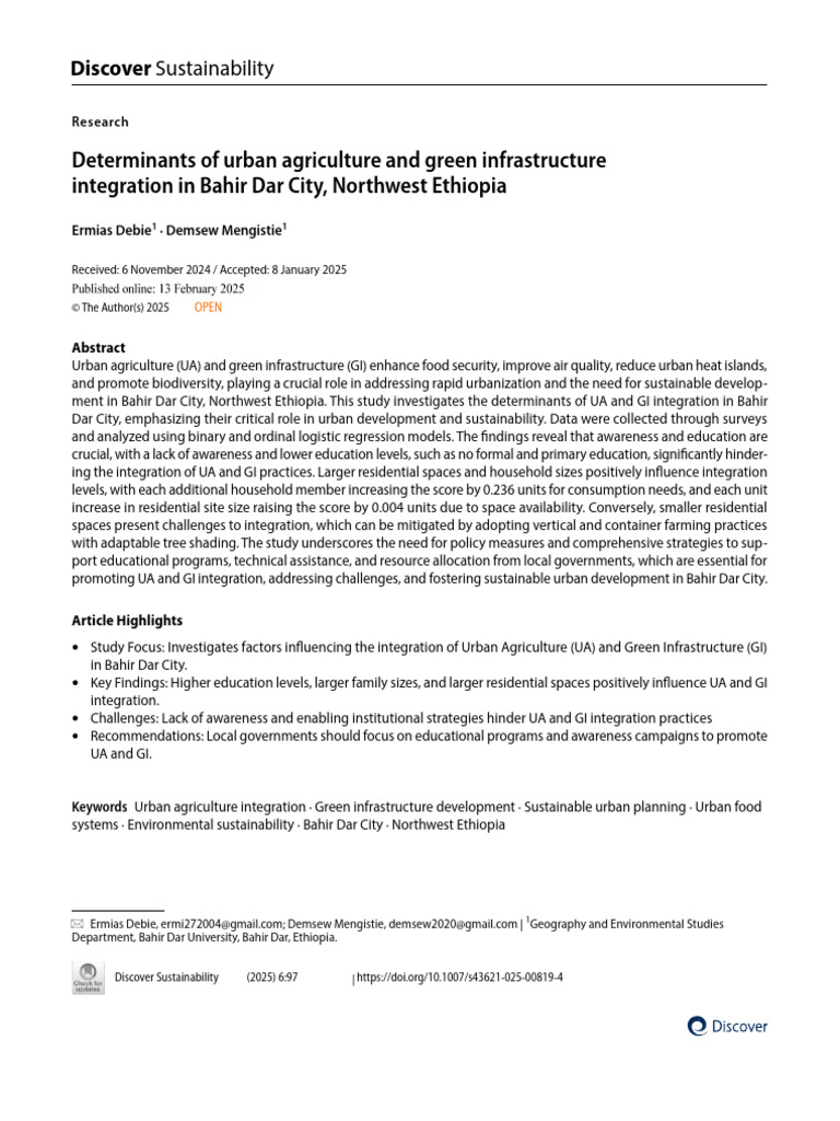 Urban Agriculture and Green Infrastructure in Ethiopia | PDF | Survey ...