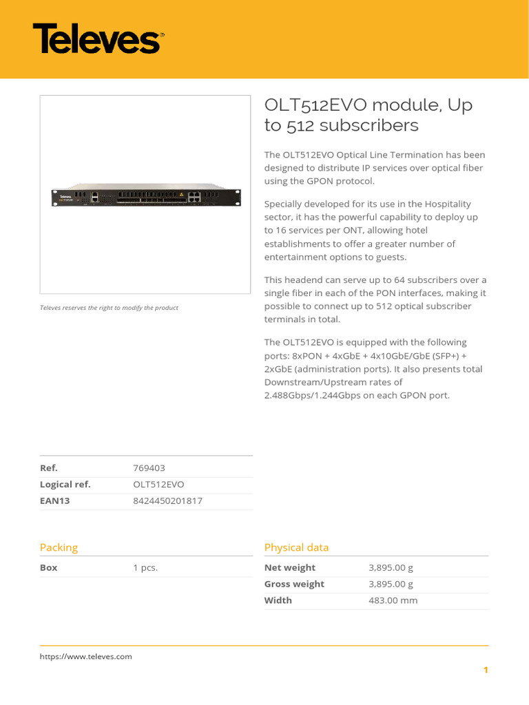 OLT512EVO: GPON Module for Hotels | PDF | Data Transmission | Internet ...