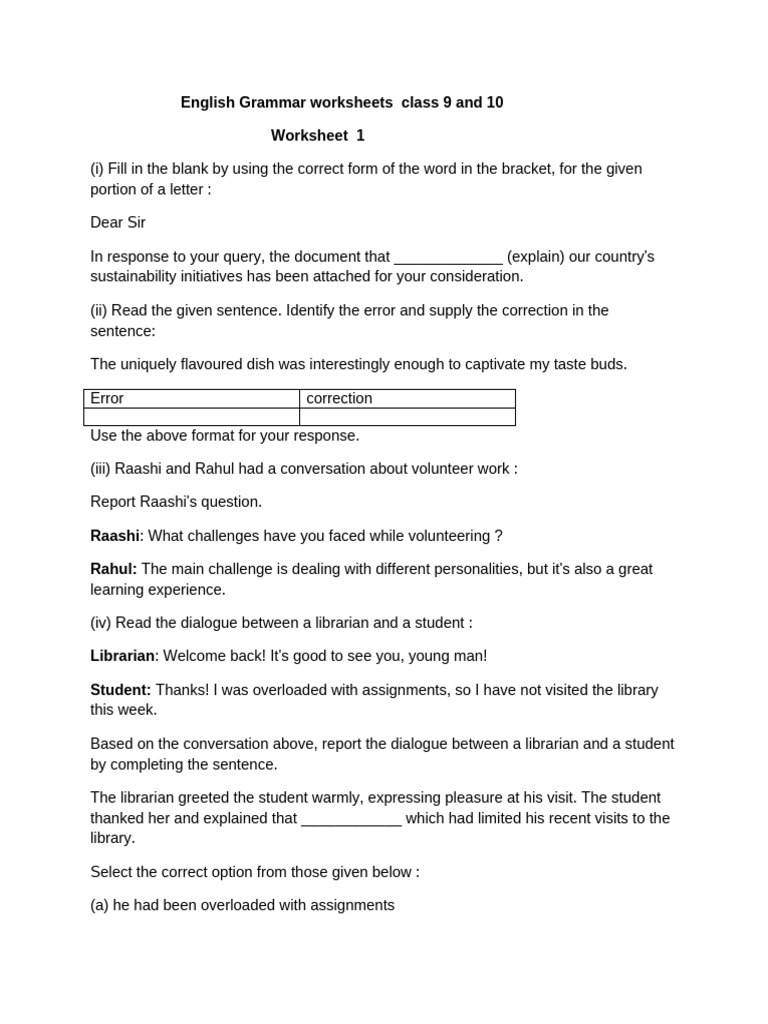 Class 9-10 English Grammar Worksheets | PDF