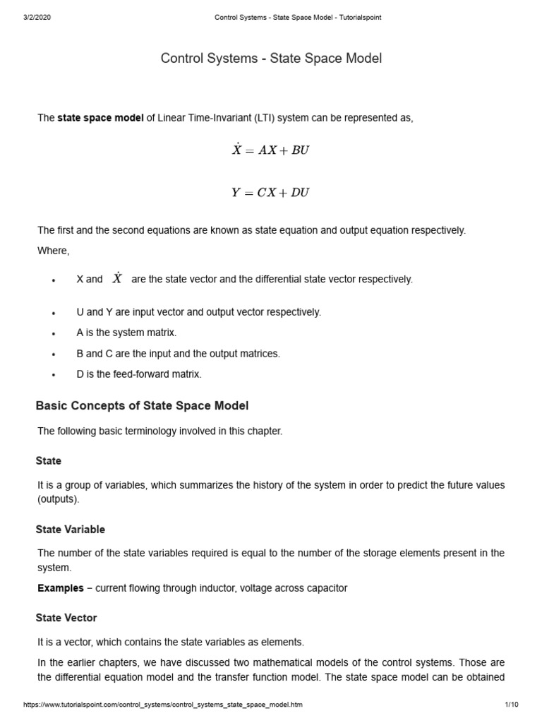 12th - 1 Control Systems - State Space Model - Tutorialspoint | PDF ...