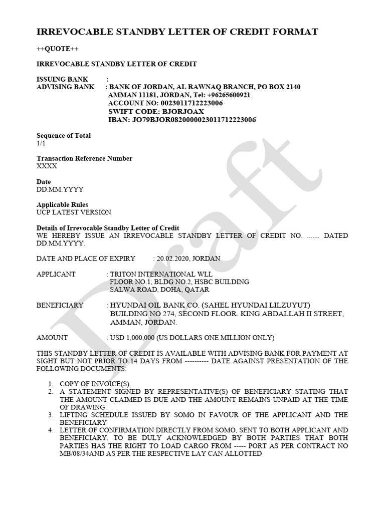 Irrevocable Standby Letter of Credit Format | PDF | Letter Of Credit ...