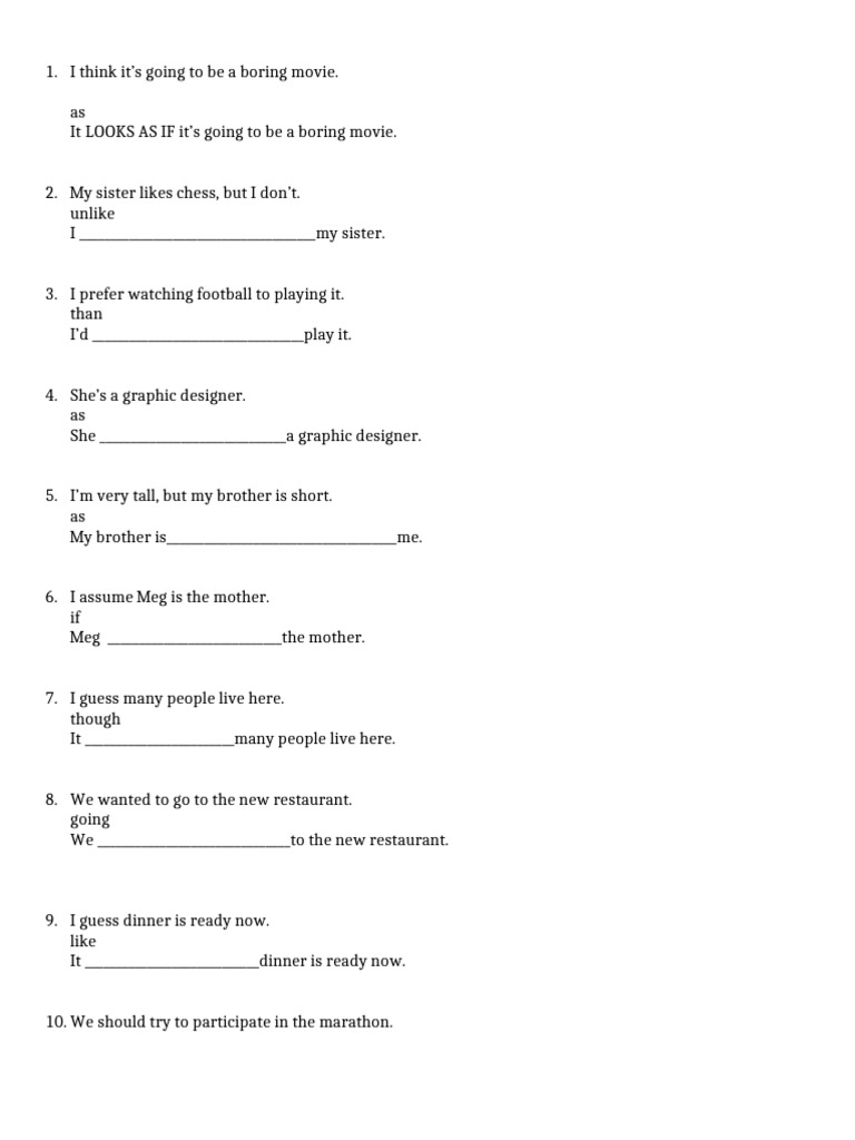 Fce Use of English Part 4 Sentence Transformation Sentence ...