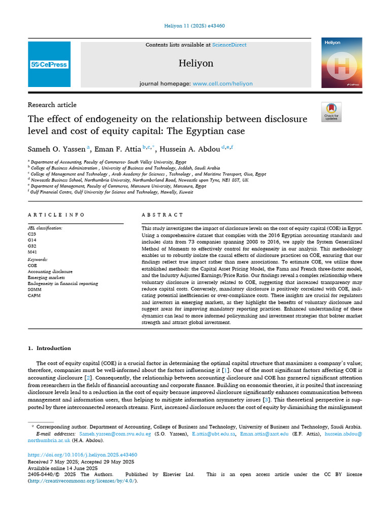 Disclosure Impact on Cost of Equity in Egypt | PDF | Capital Asset ...