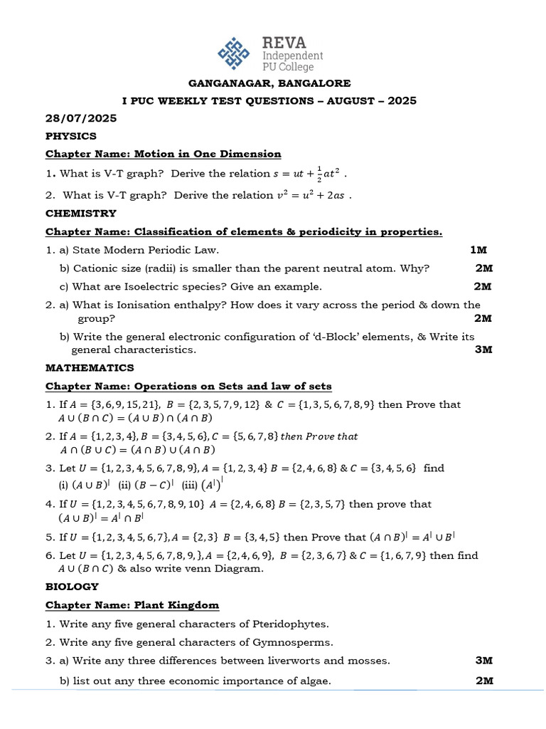 I PUC Weekly Test Questions - Aug 2025 | PDF | Periodic Table | Chemistry
