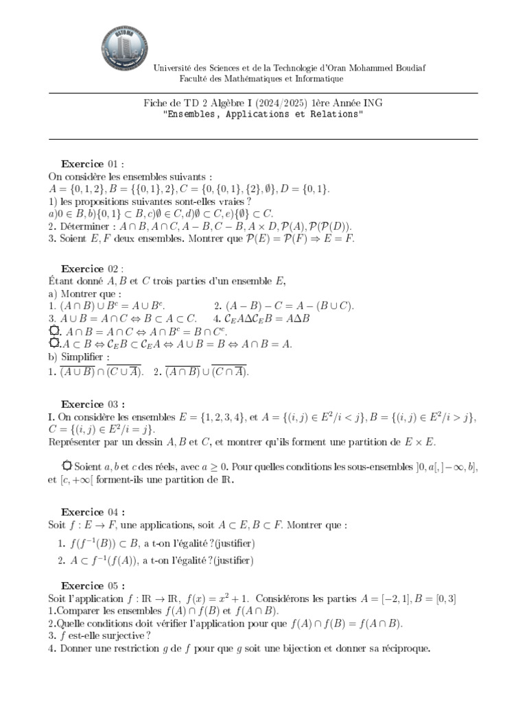 TD 2 Algèbre I : Ensembles et Applications | PDF | Inclusion ...