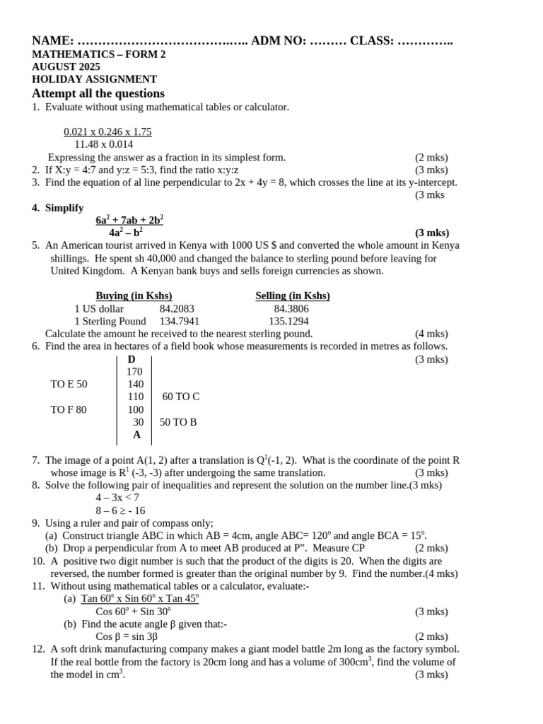 Form 2 Mathematics Holiday Assignment | PDF | Mathematics