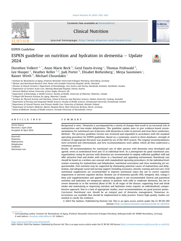 2024 ESPEN Guideline On Nutrition and Hydration in Dementia e Update ...