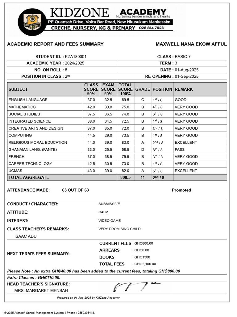 Basic 7 Academic Report & Fees Summary | PDF | Intelligence | Science