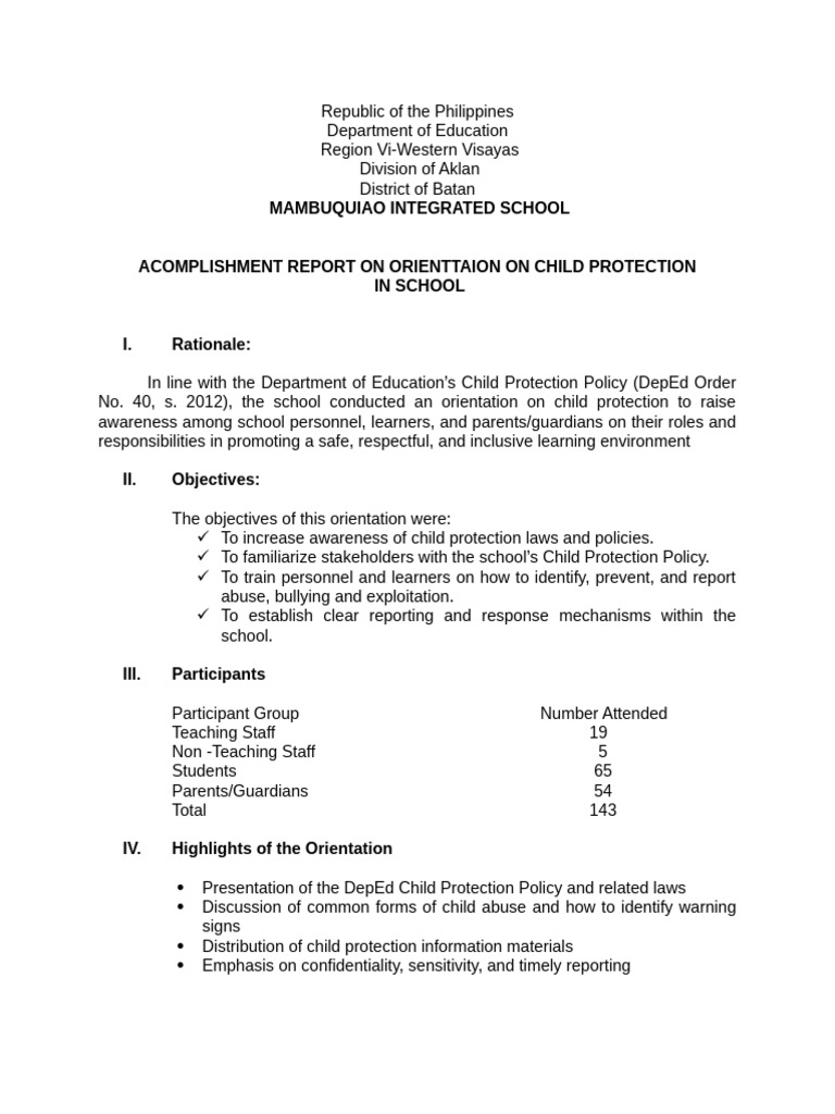 Child Protection Orientation Report | PDF | Child Protection | Learning
