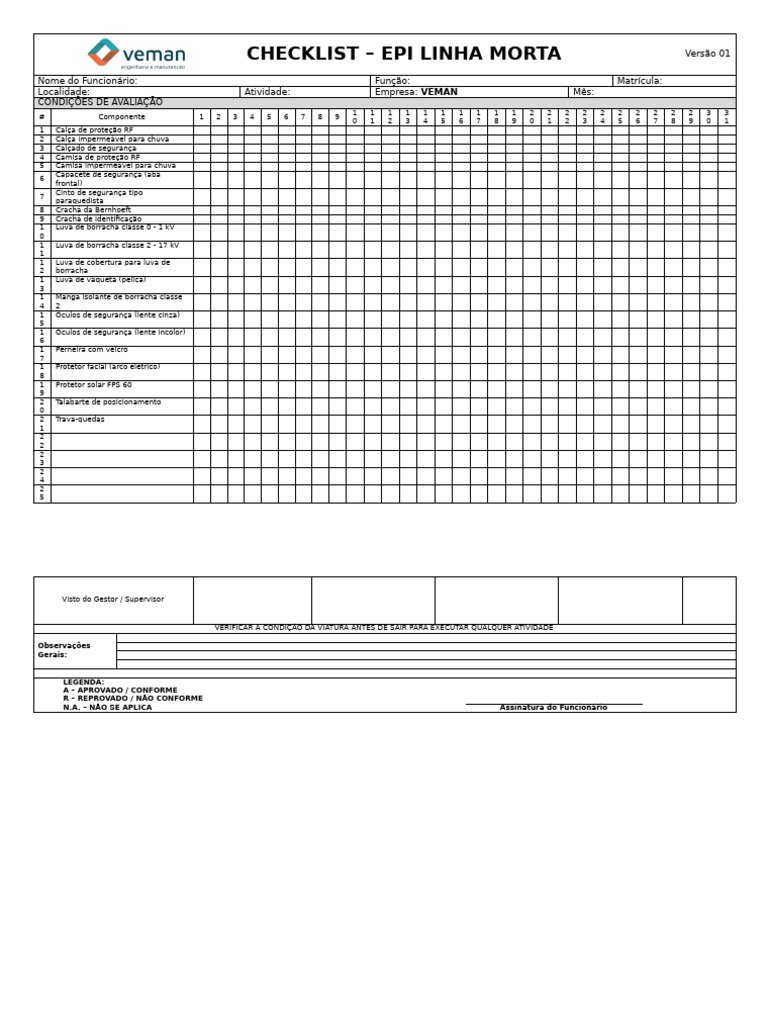 Checklist de EPI Linha Morta VEMAN | PDF