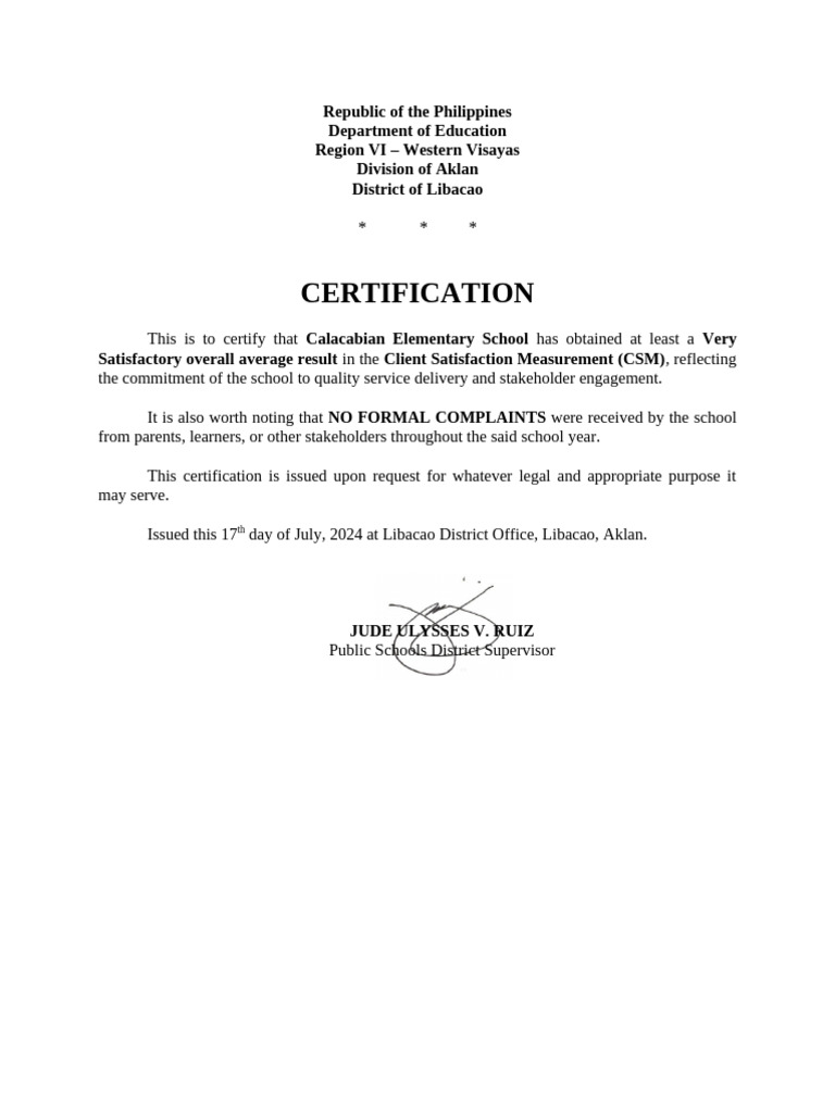 Calacabian Elementary School Certification | PDF