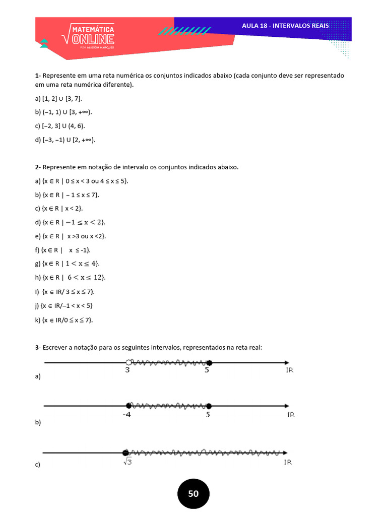 Exercícios sobre Intervalos Reais | PDF