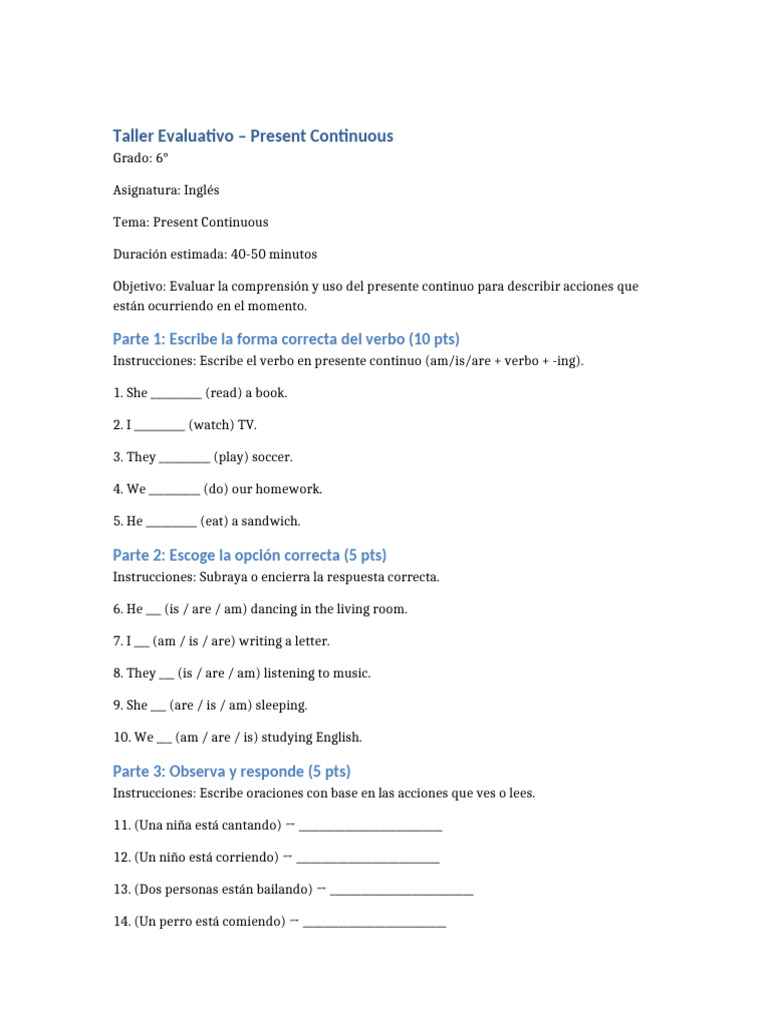 Taller de Evaluación: Present Continuous | PDF