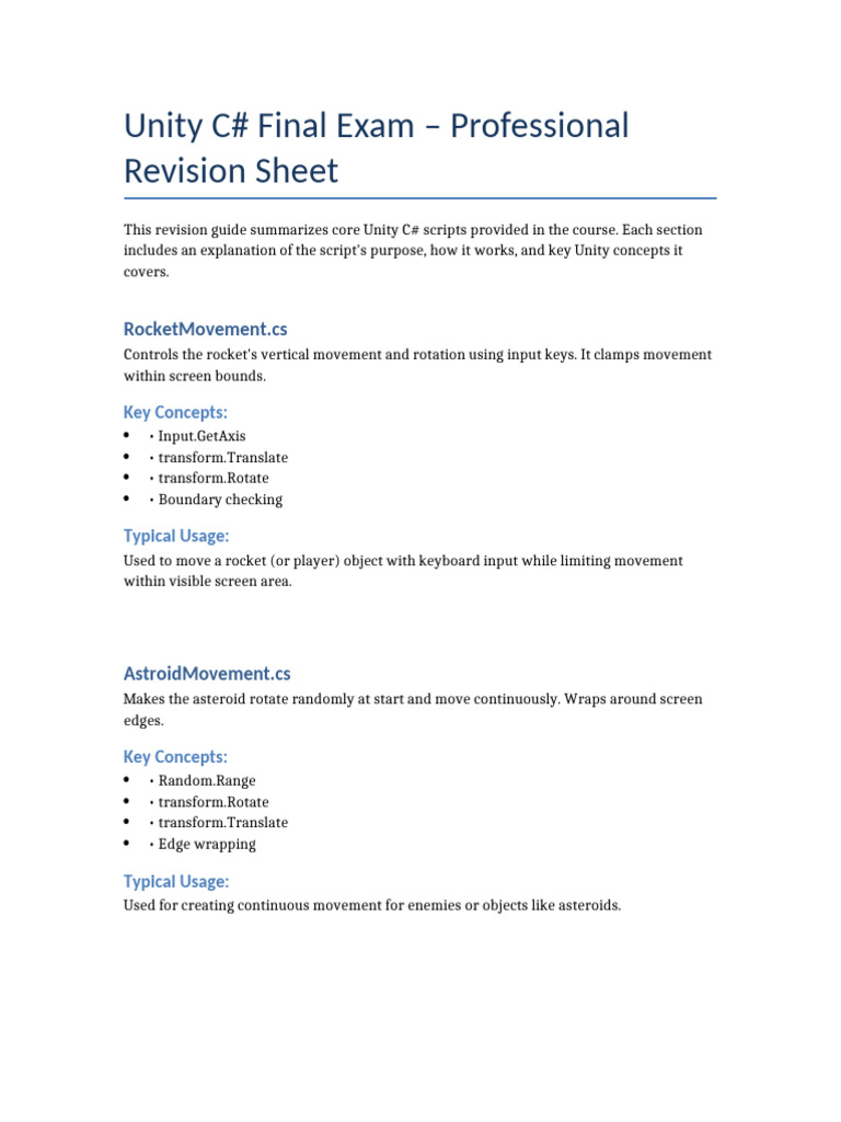 Unity C# Scripts Revision Guide | PDF