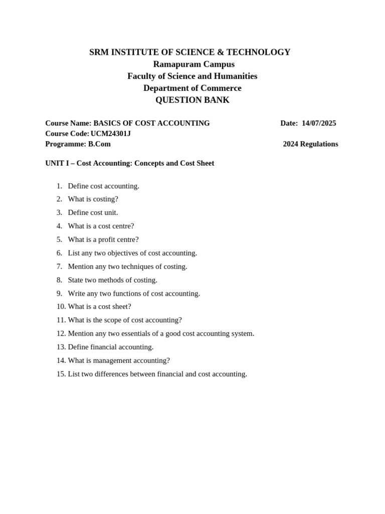 Cost Accounting Question Bank for PDF Business Economics