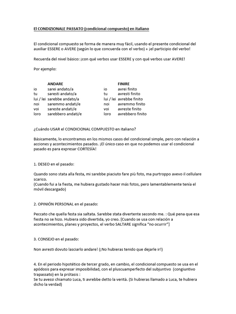 Condizionale Composto (Condicional Compuesto o Pasado)(2) | PDF ...