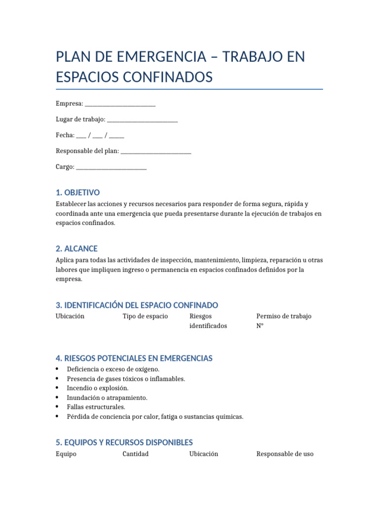 Plan De Emergencia Para Espacios Confinados Pdf Primeros Auxilios 