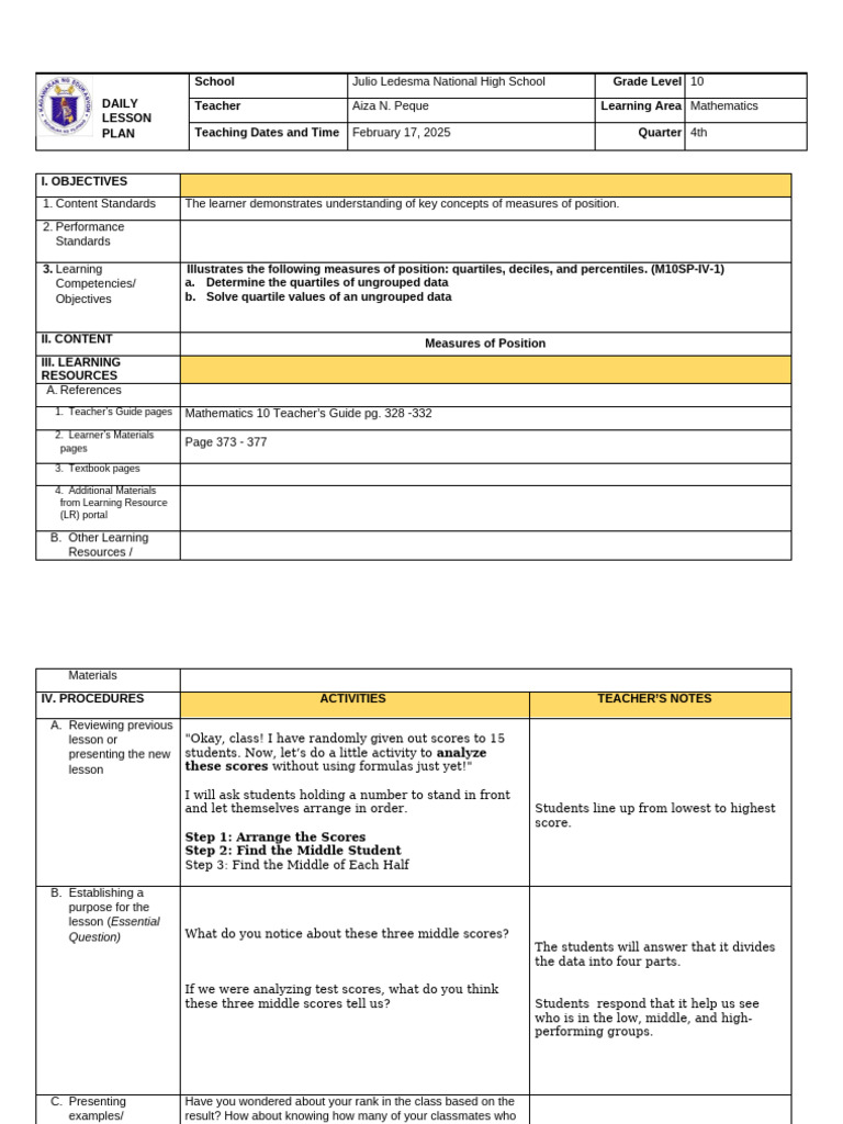 Grade 10 Math Lesson on Quartiles | PDF | Behavior Modification | Learning