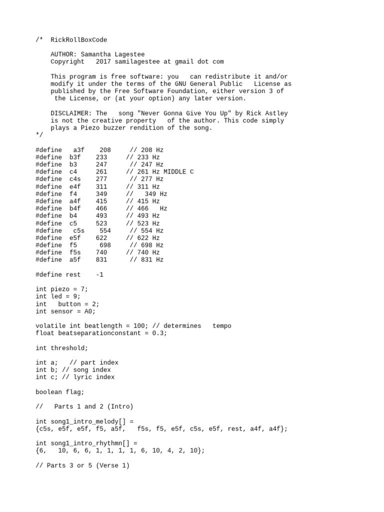 Arduino Buzzer: Rick Roll Tune | PDF | Computer Programming | Software ...