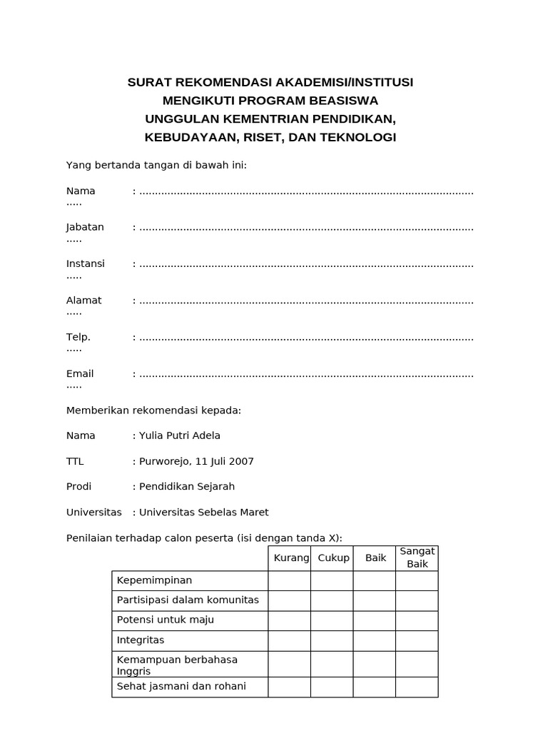 Surat Rekomendasi Beasiswa Yulia Adela | PDF