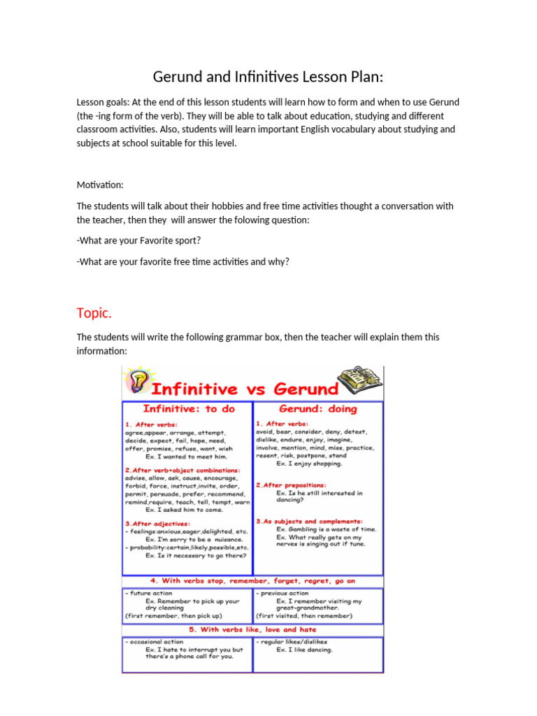 Gerund and Infinitive Lesson Plan | PDF