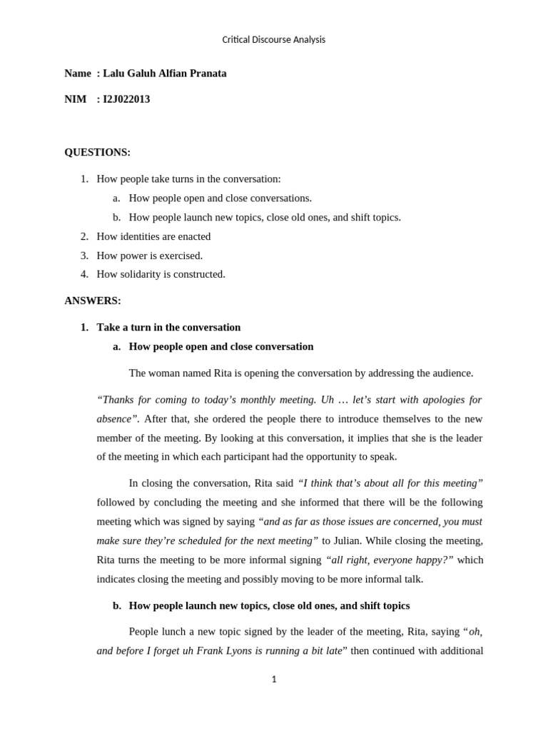 Critical Discourse Analysis in Meetings | PDF | Human Communication