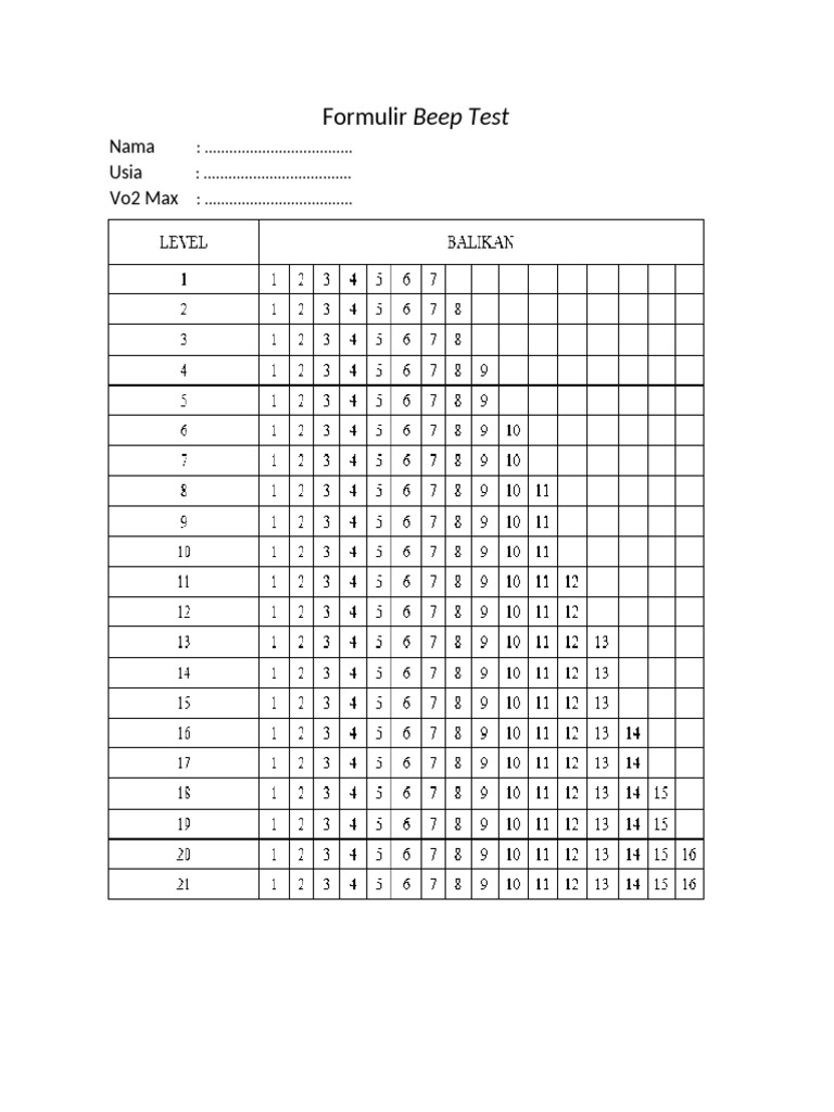 Formulir Pengukuran Beep Test | PDF