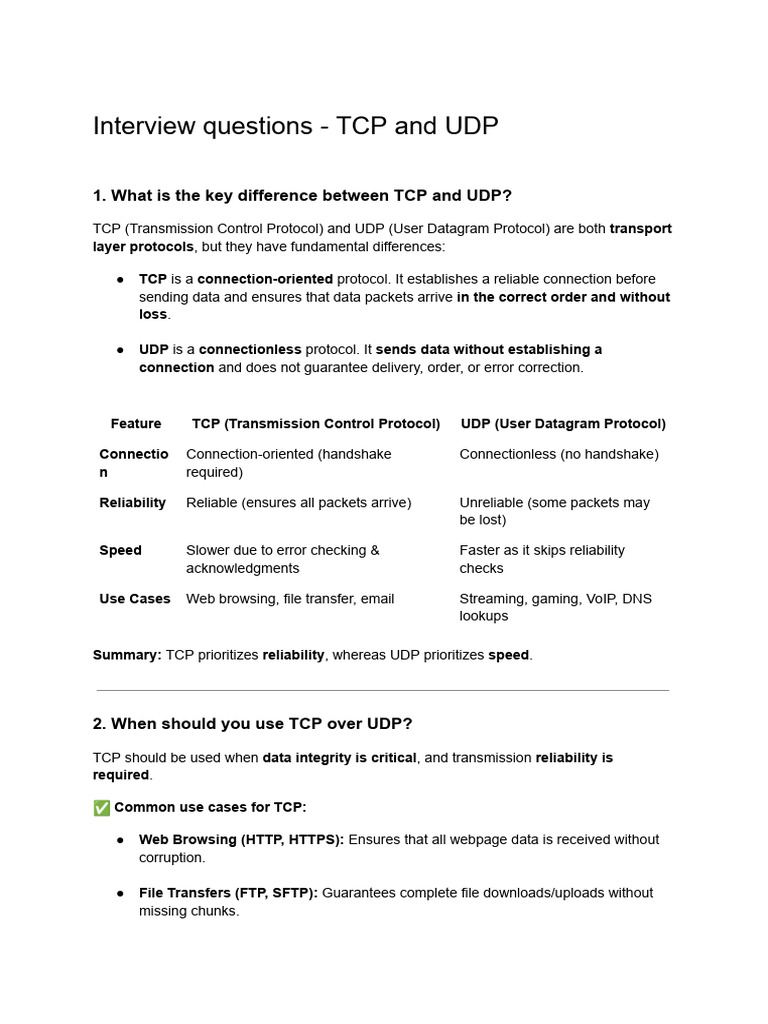 Interview+Questions+ +TCP+and+UDP | PDF | Transmission Control Protocol ...