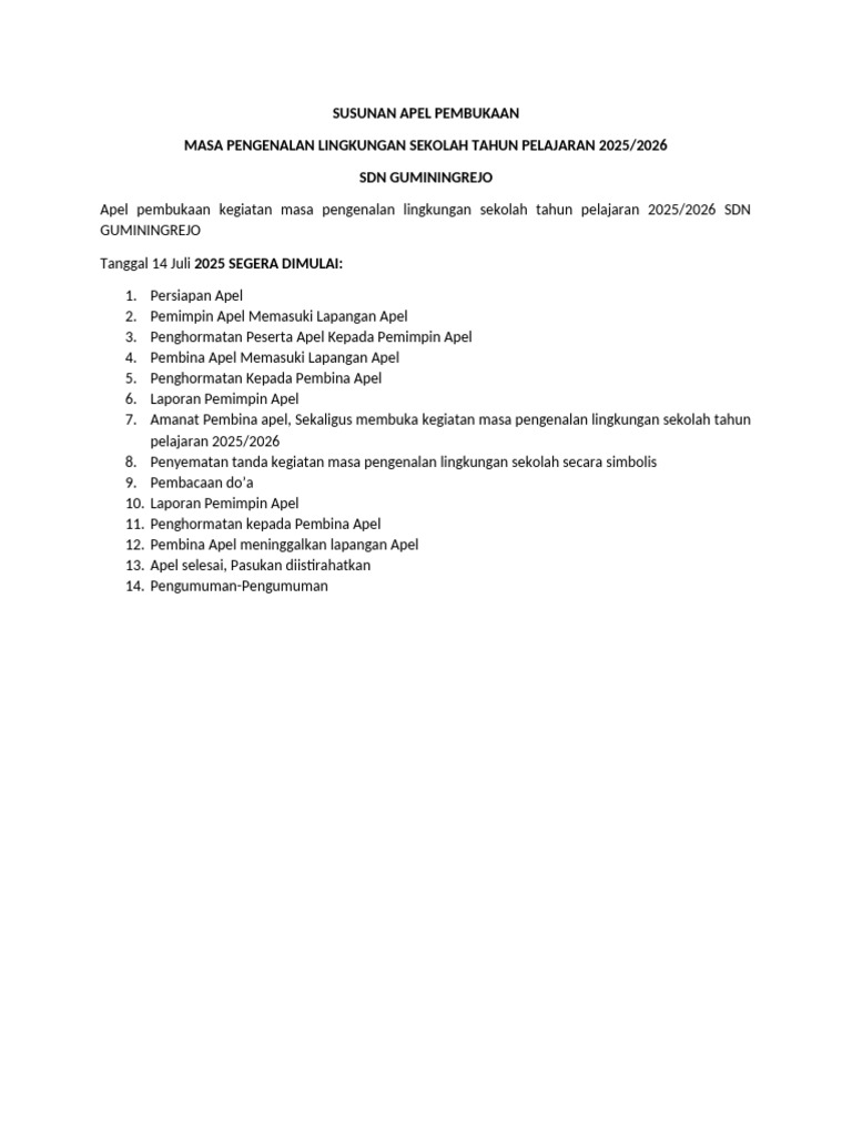 Teks Pembukaan Apel Pengenalan Sekolah | PDF