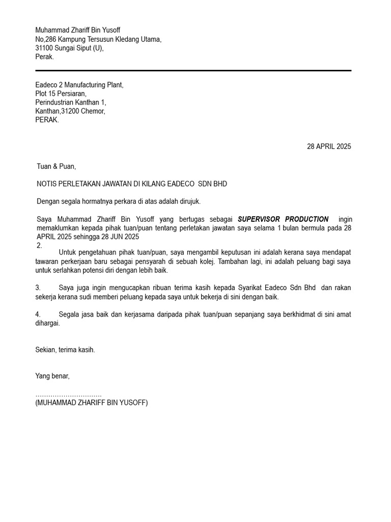 Notis Perletakan Jawatan Eadeco Sdn Bhd | PDF