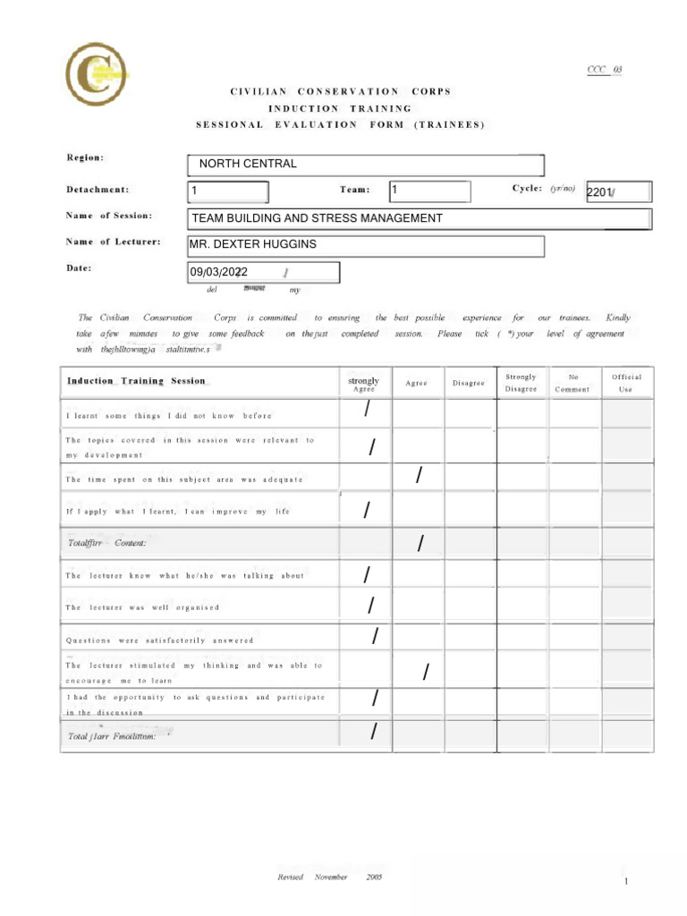 CCC Induction Training Evaluation Form | PDF