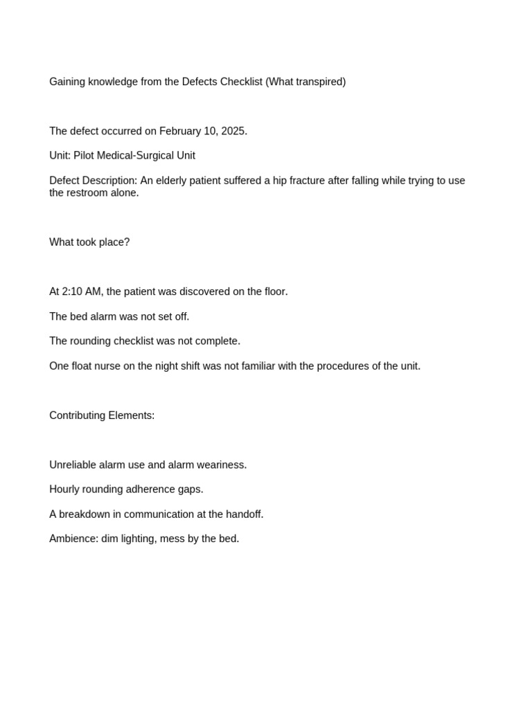 Defect Analysis: Patient Fall Incident | PDF