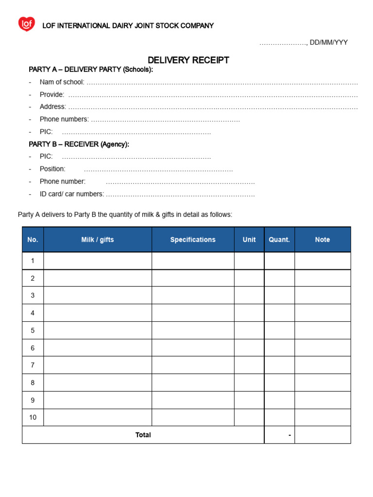 Delivery Receipt for Handover Agency | PDF