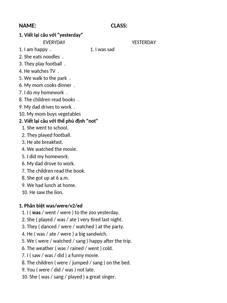 Grammar Exercises: Yesterday & Negation | PDF