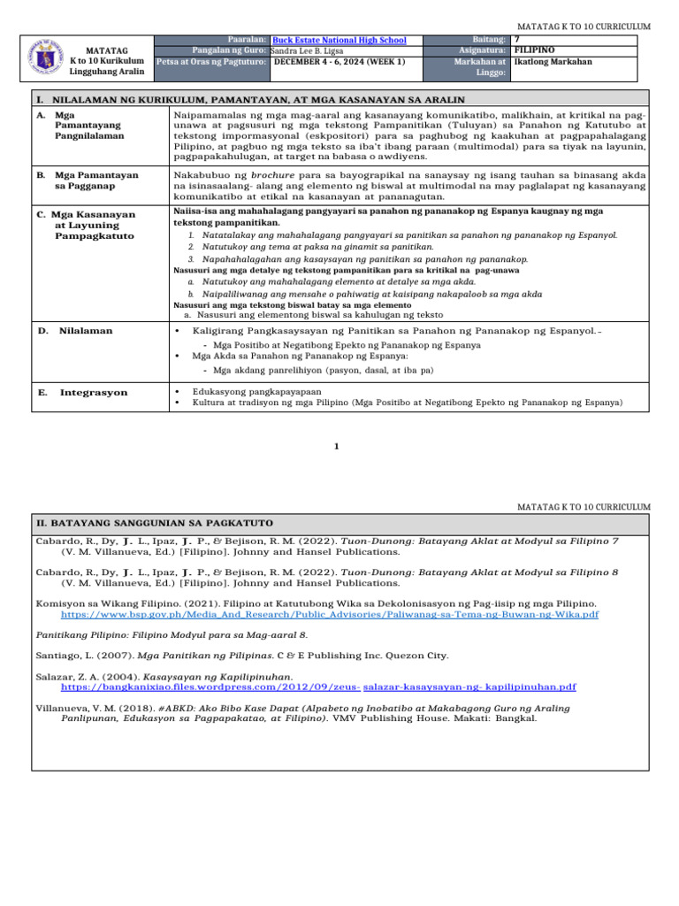 DLL Matatag - Filipino 7 Q3 W1 | PDF