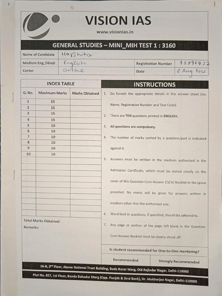 Vision IAS General Studies Mini Test 1 | PDF
