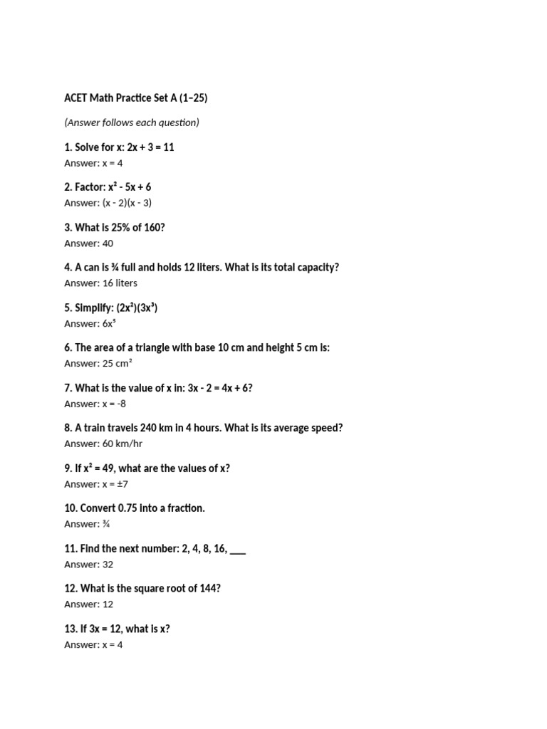 ACET Math Practice Questions 1-25 | PDF | Elementary Mathematics ...