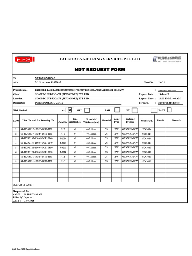 RT Requst Form NJCC Fes Pip 018 140625 | PDF | Pipe (Fluid Conveyance ...
