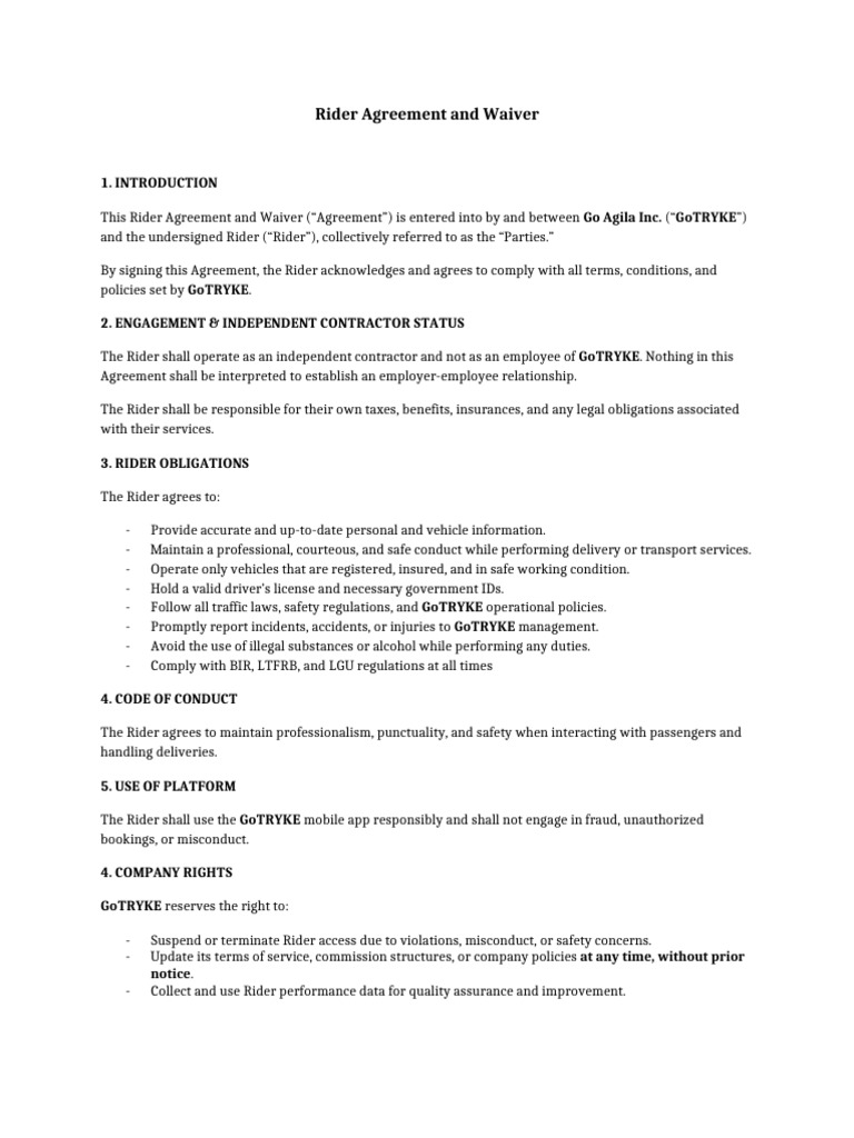 Rider Agreement and Waiver Overview | PDF | Indemnity | Civil Law ...